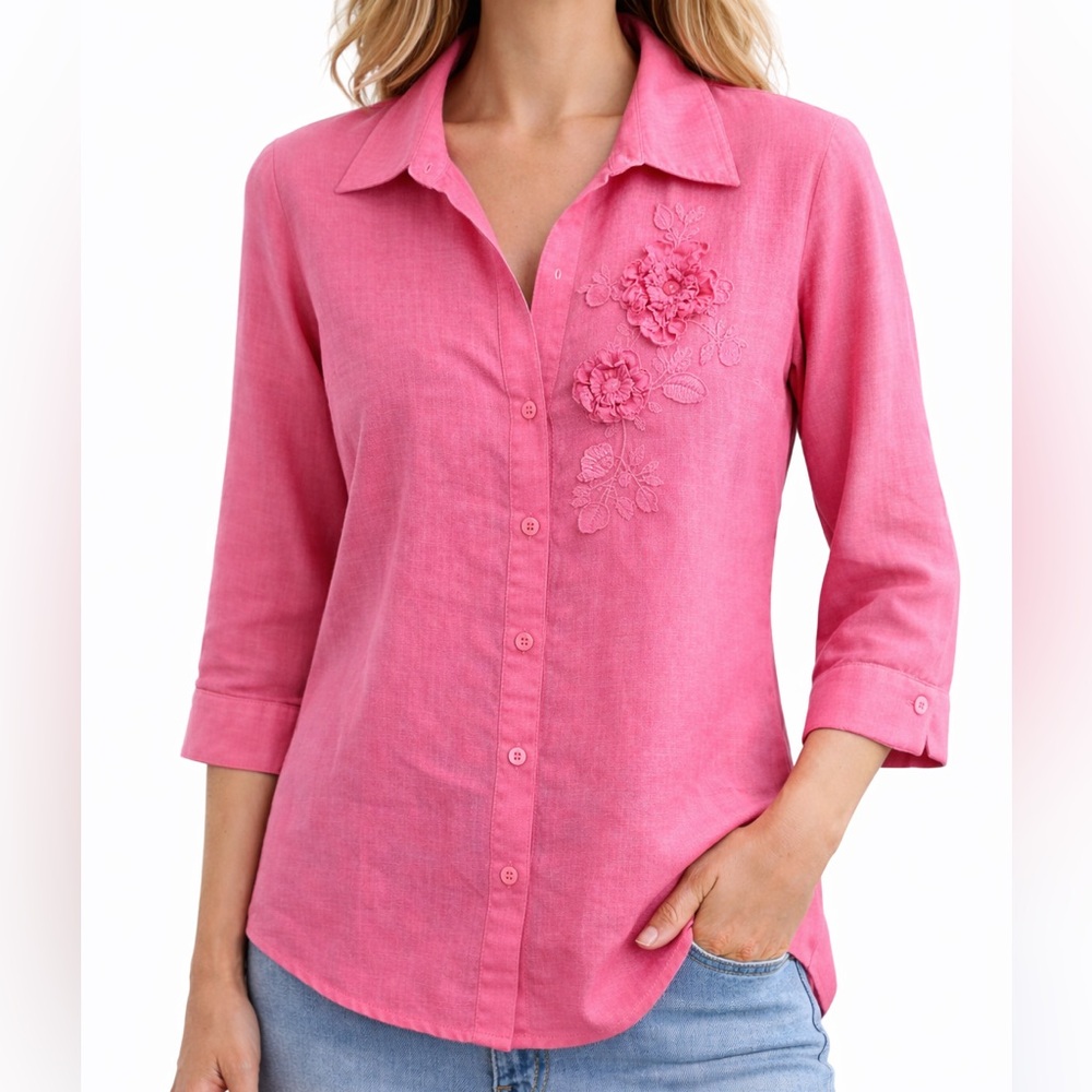 Fred David Petite Pink Linen Button Front 3/4 Sleeve Floral Embroidered Blouse
